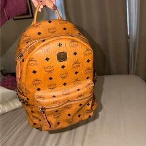 MCM Tan Backpack with Logo Pattern